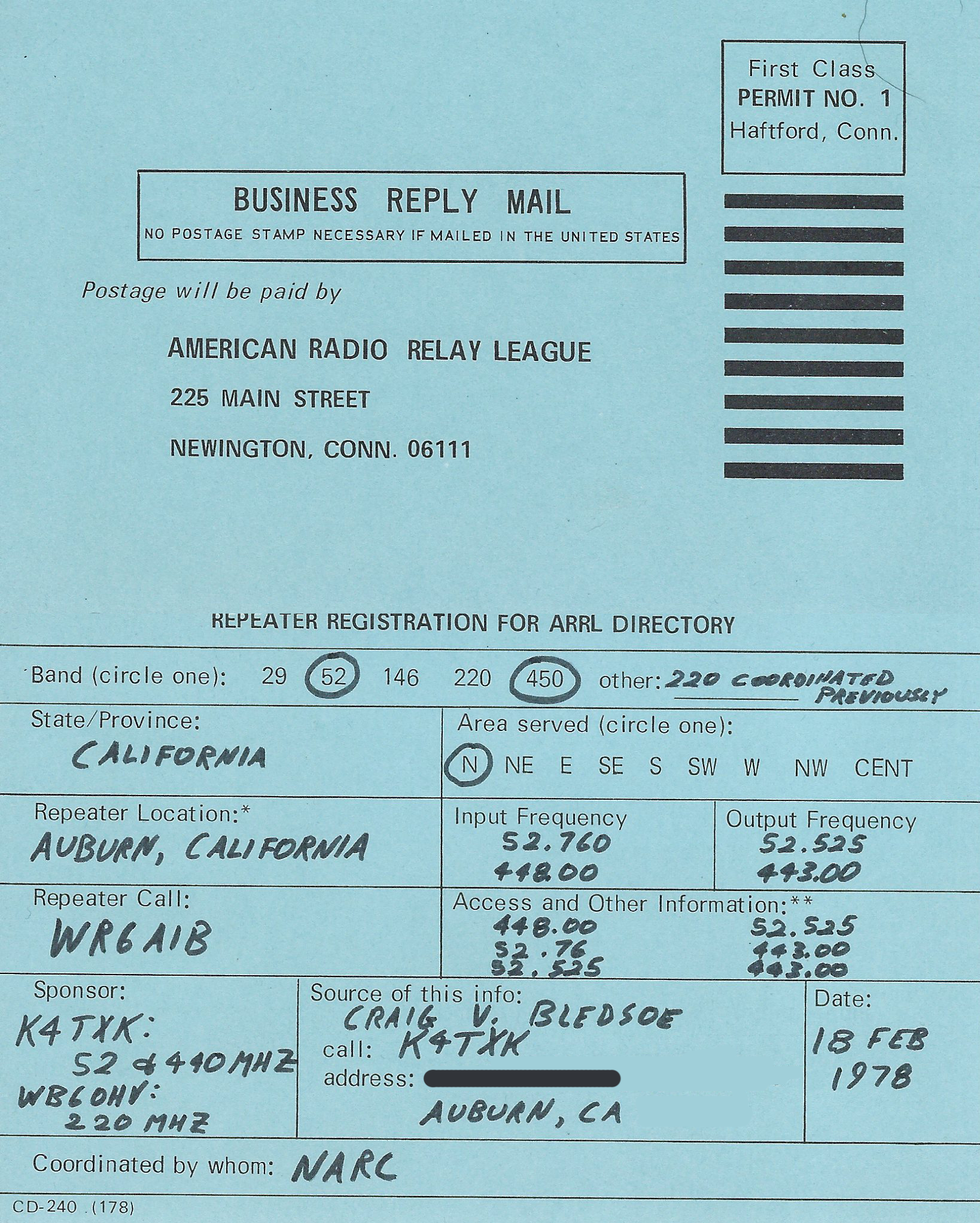 ARRL Repeater Registration card dated 18 February 1978, registering repeater call WR6AIB at Auburn, California on 52.760/52.525 and 448.00/443.00, with 220 noted as coordinated previously.