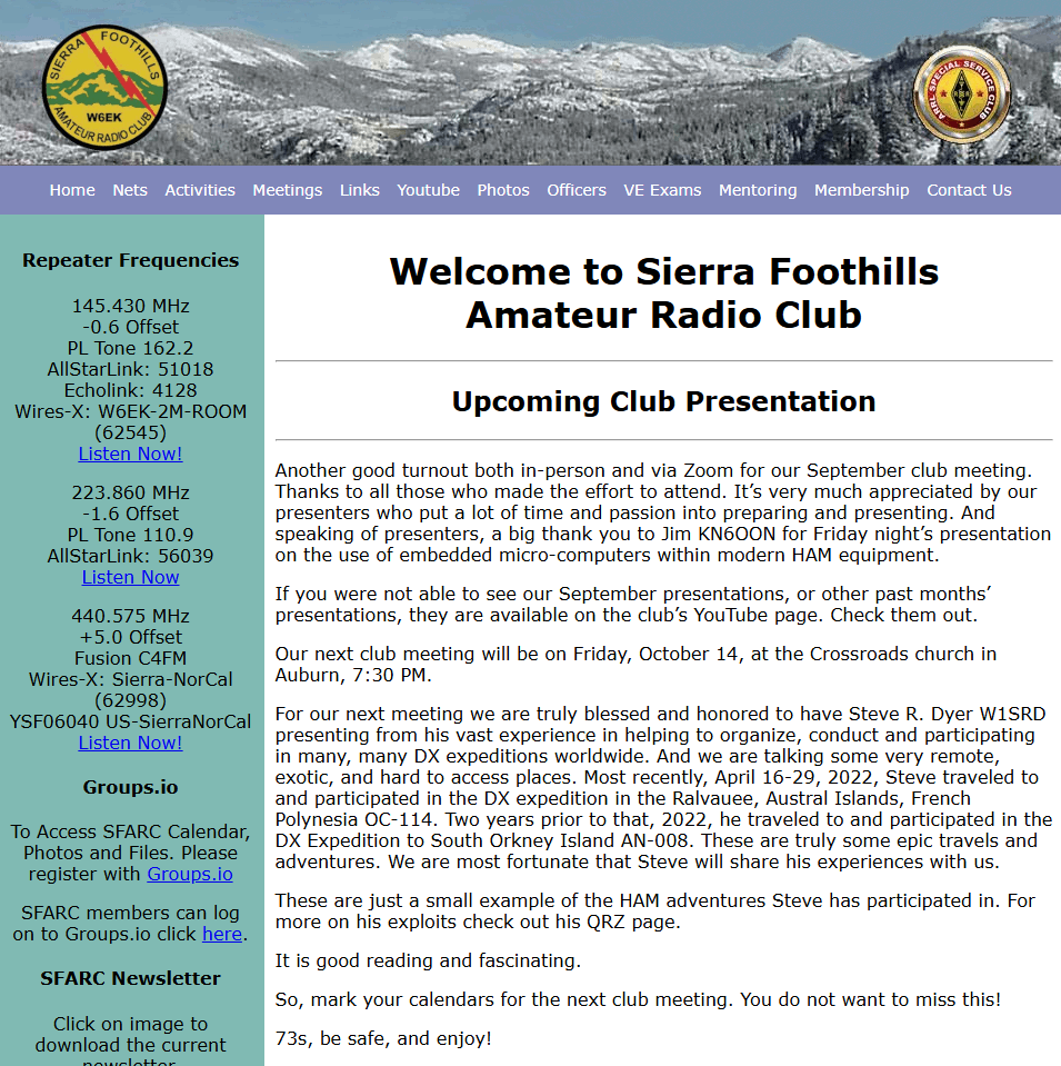 Screenshot of the w6ek.org home page as it appeared in 2022, the last version of the hand-coded site before the WordPress relaunch.